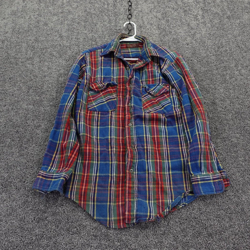 Kingsport Flannel Shirt Mens Medium Blue Plaid Cotton Long Sleeve Vintage Button
